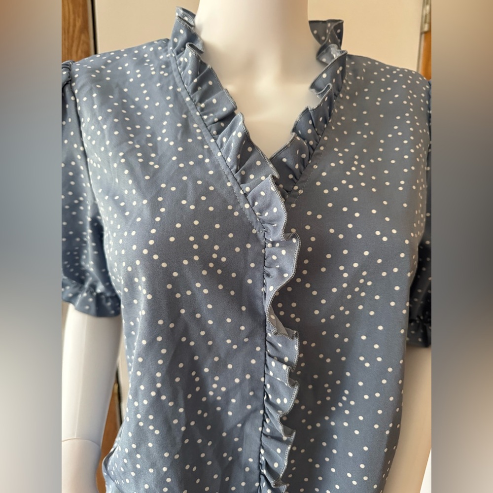SHEIN Blouse Blue Polka Dot Ruffle Top